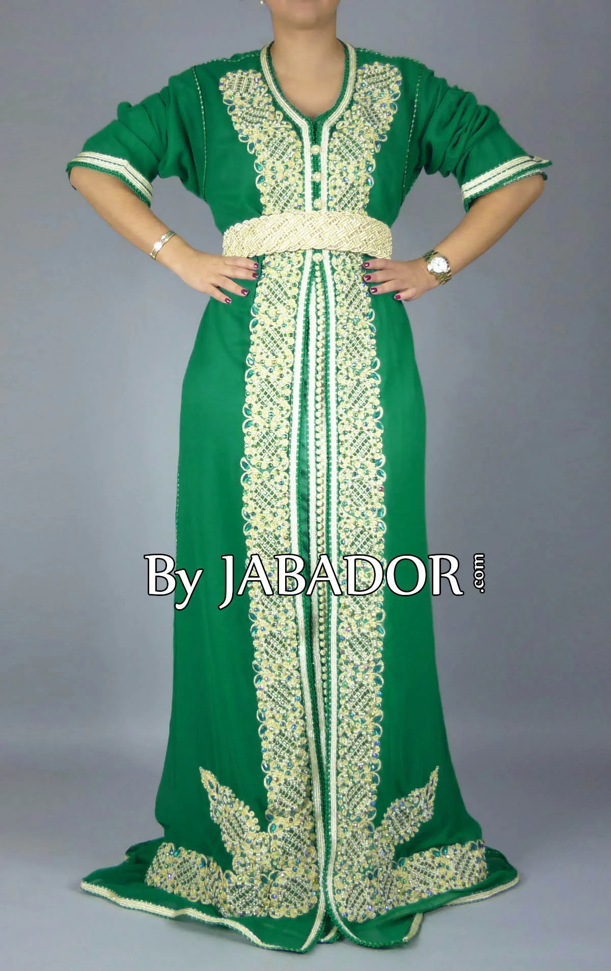 Moroccan Takchita in green muslin by Jabador