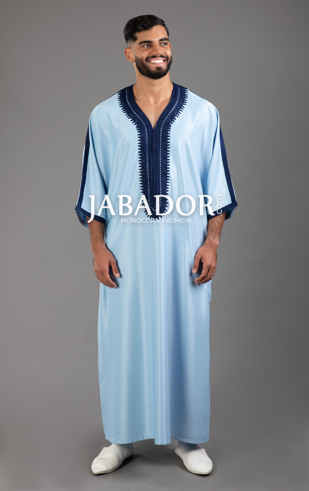 Light blue Gandoura in linen with black embroidery by Jabador