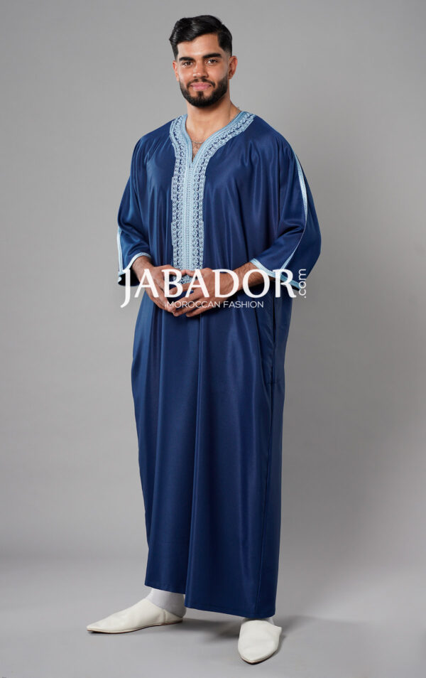 Moroccan Thobe Blue with Sky Blue embroidery by Jabador.com