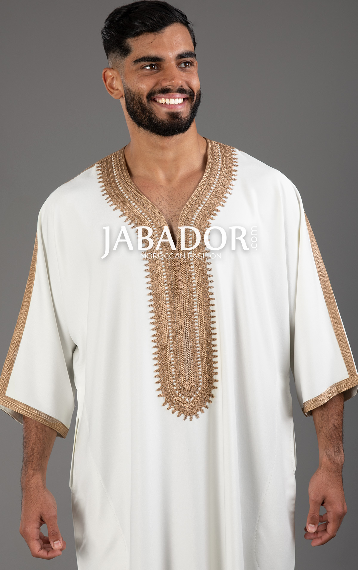 White Moroccan Thobe with Brown Embroidery (Bronze) by Jabador.com