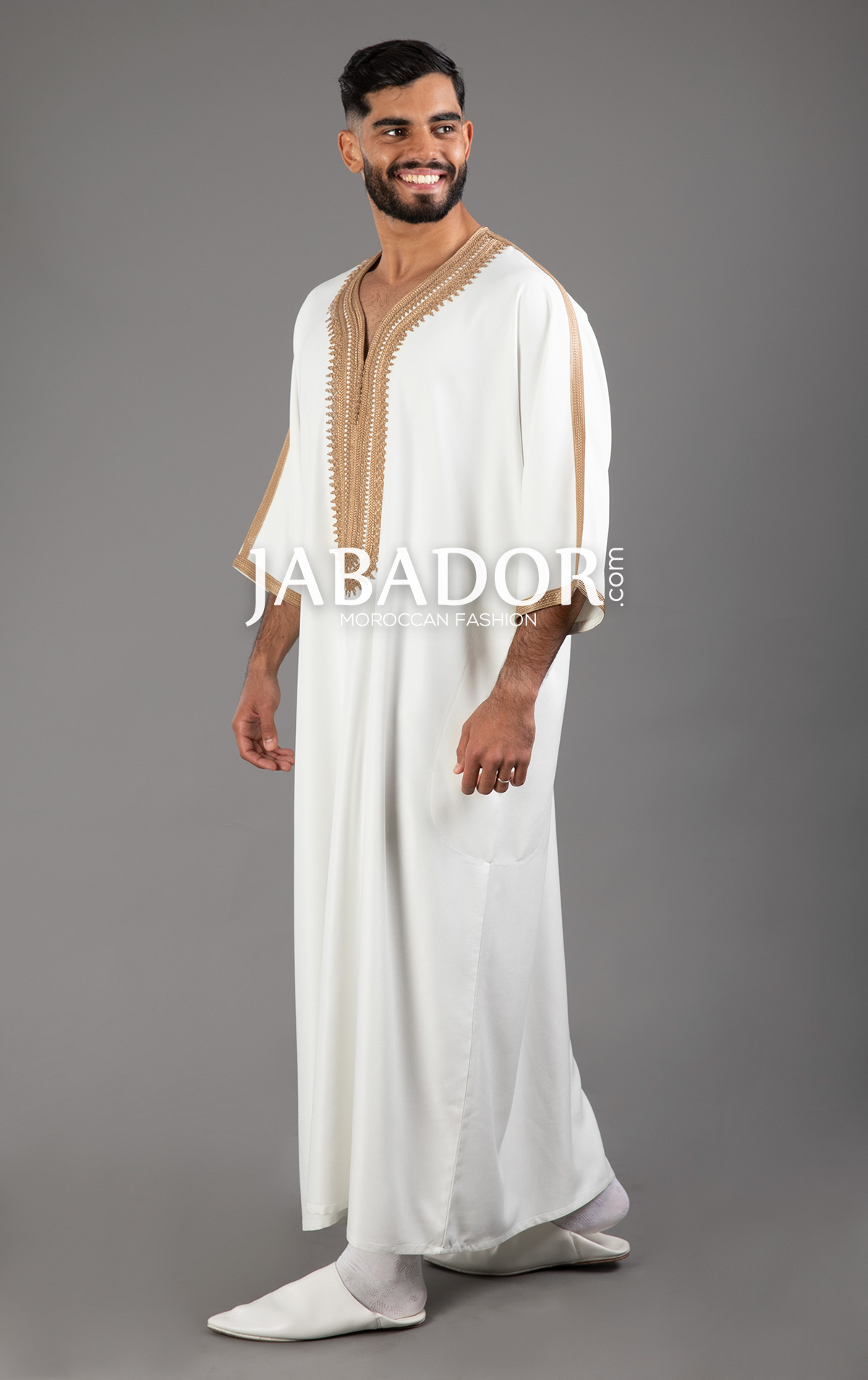 White Moroccan Thobe with Brown Embroidery (Bronze) by Jabador.com