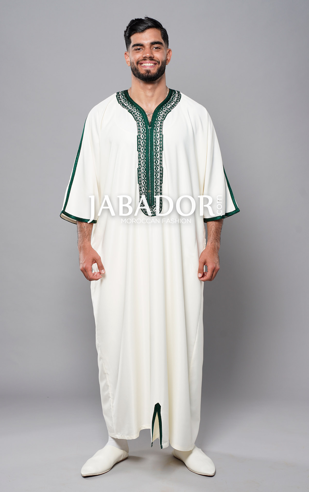 White Moroccan Thobe with green embroidery by Jabador.com