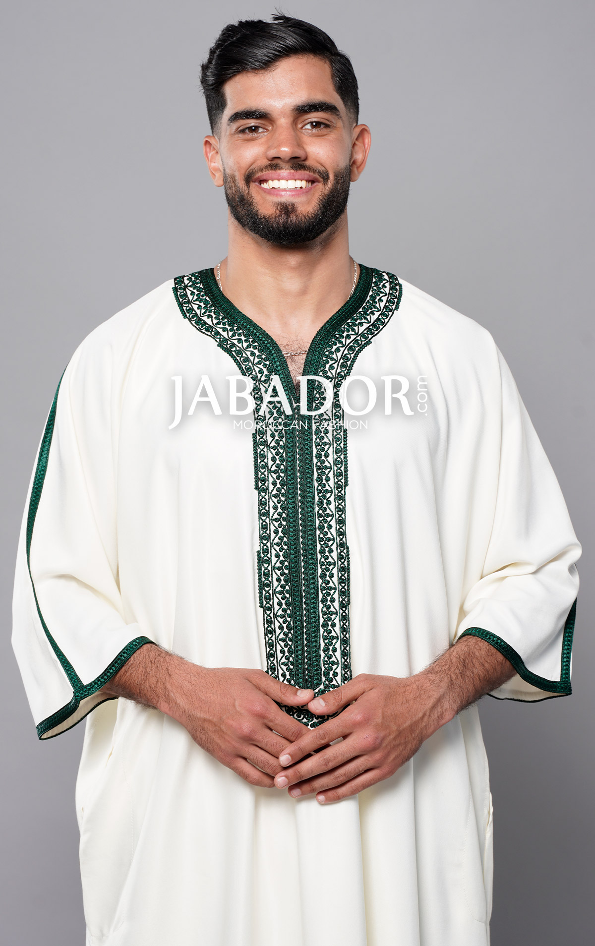 White Moroccan Thobe with green embroidery by Jabador.com