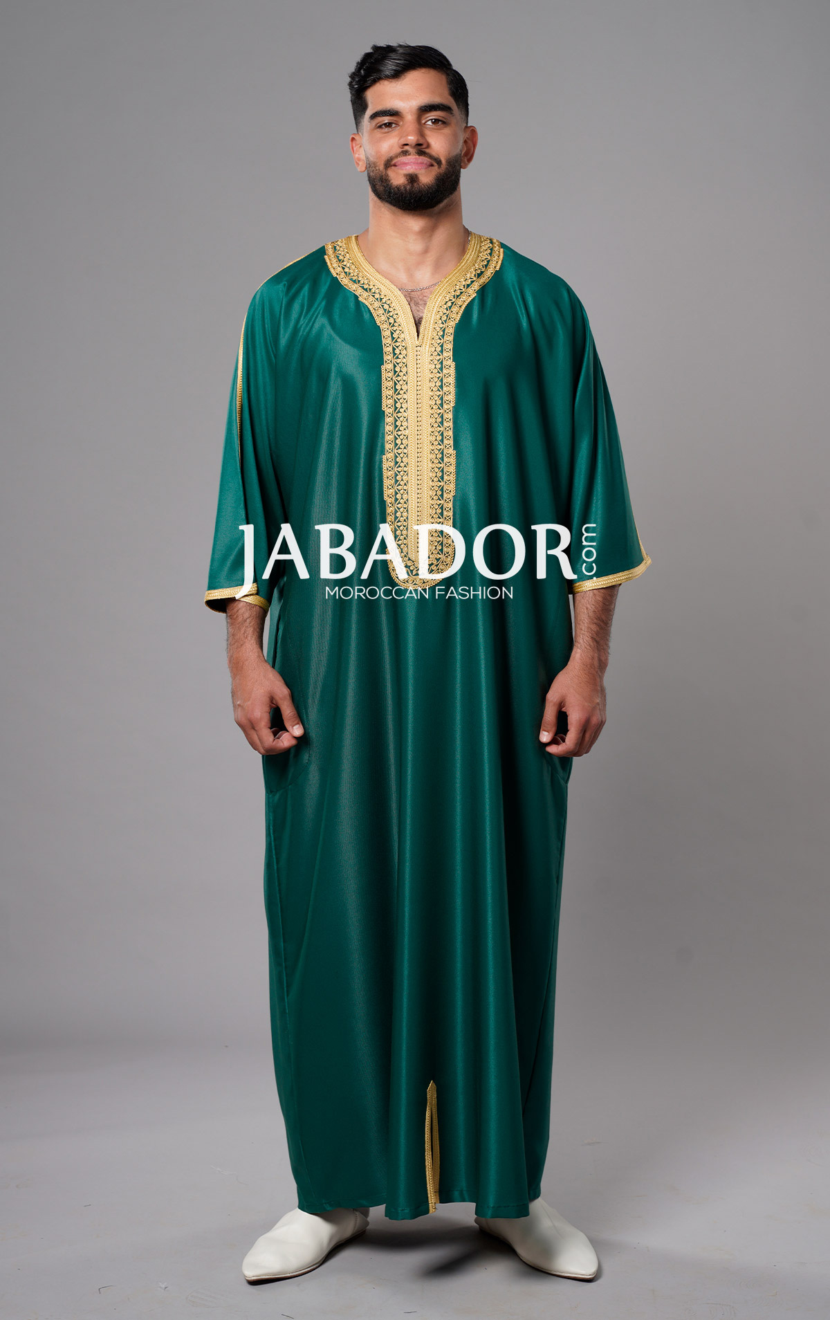 Green Moroccan Thobe with 4-thread golden embroidery by Jabador.com